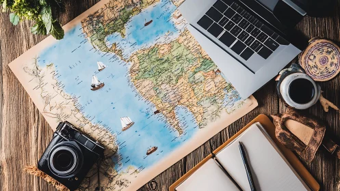 Travel planning workspace shows map, laptop and camera gear
