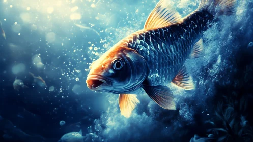 Cinematic koi study in dynamic underwater lighting design.