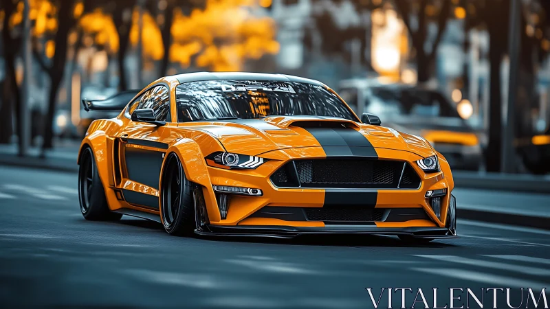 Aggressive orange muscle car streaks through urban boulevard.
