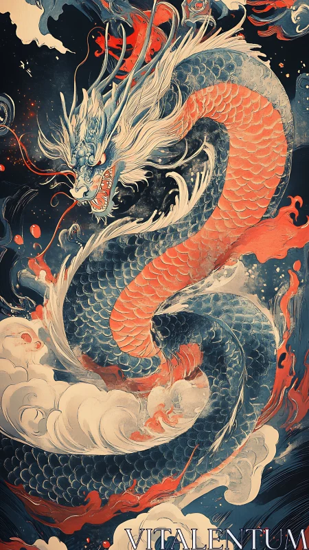 Digital painting of mythic storm dragon in dynamic coil composition.