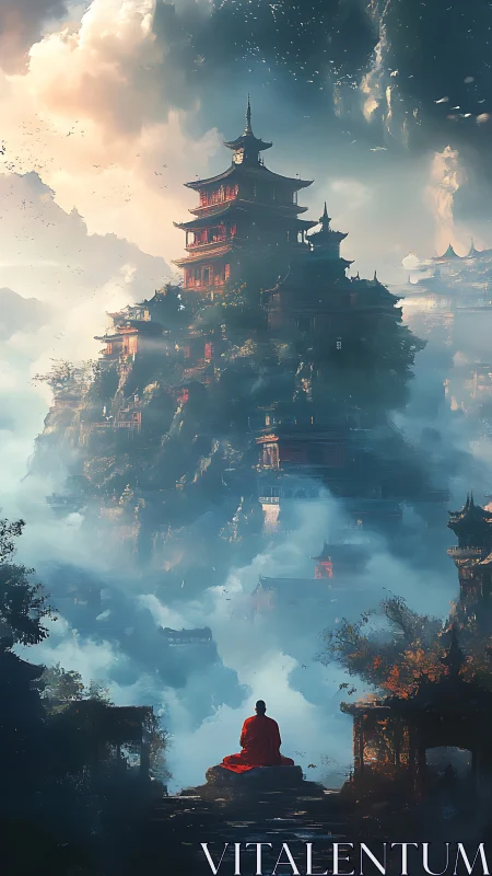 Crimson monk contemplates a mist-drowned sky temple realm