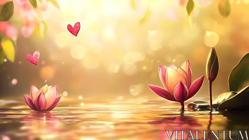 Luminous lotus flowers float in golden water with floating hearts