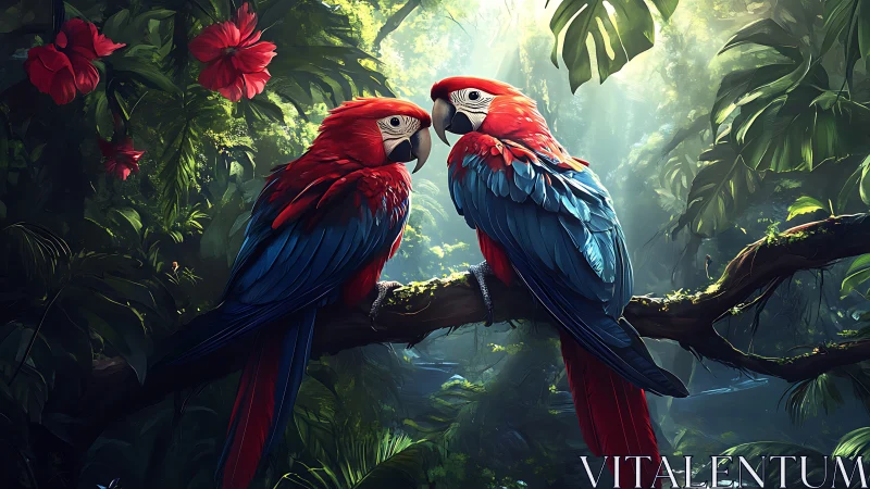 Two Scarlet Macaws on Jungle Branch, Vibrant Digital Art.