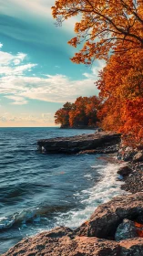Rocky shoreline meets autumn foliage under clear sky