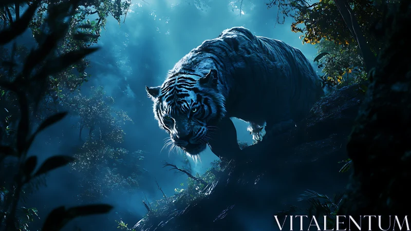 White tiger stalks through misty blue jungle twilight