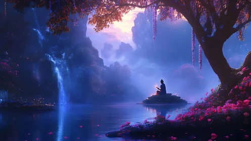 Meditating figure by glowing waterfall in fantasy valley.