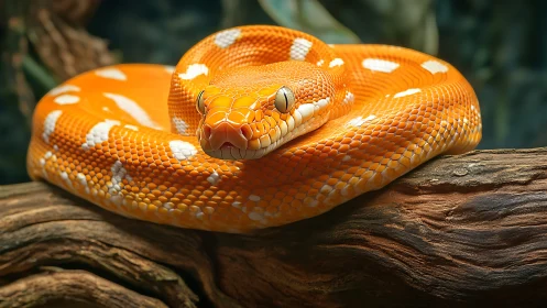 Macro study of coiled orange constrictor on textured branch.