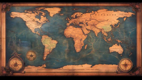 Vintage-styled world map with ornate compasses and frame.