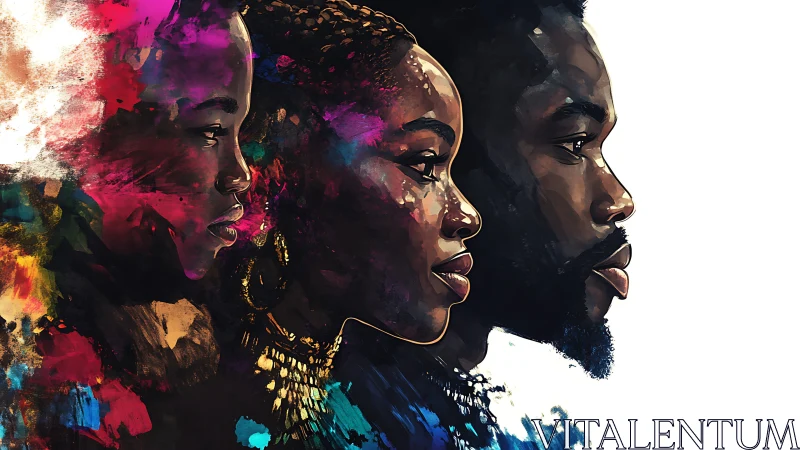 Profile portraits of three figures in expressive color palette.