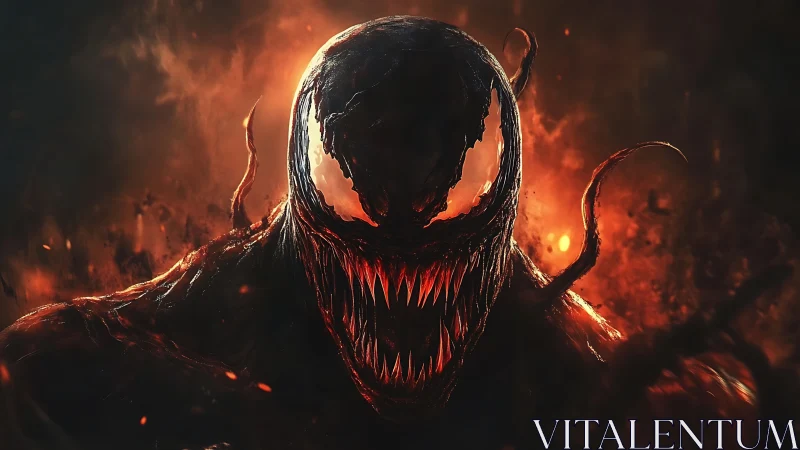 Fiery symbiotic monster grinning through swirling darkness.