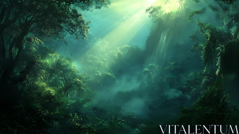 Enchanted Forest Canyon with Cascading Light Rays.