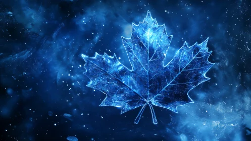 Glowing ice maple leaf on deep blue cosmic background.