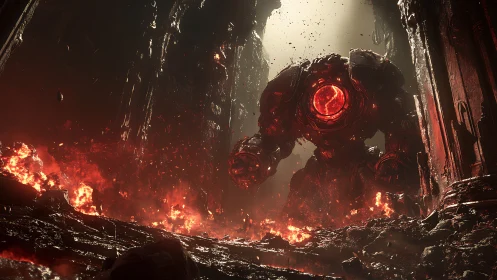 Volcanic war colossus emerging through molten ruin corridor.