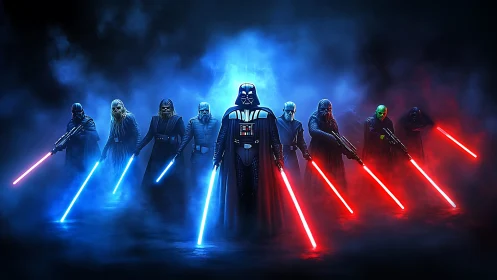 Parametric lineup of armored warriors wielding plasma blades.