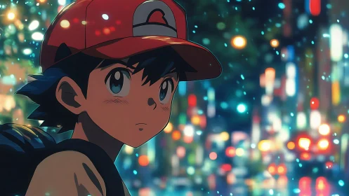 Anime boy in red cap stands before blurred city lights
