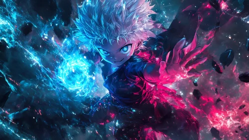 White haired anime fighter with blue and pink energy burst.