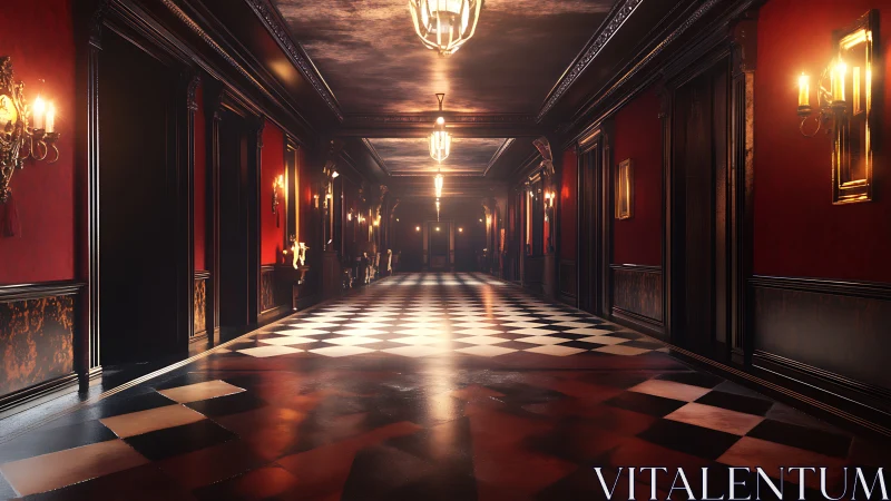 Opulent red hotel corridor with glossy checkered floor.