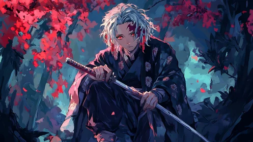 Battle-worn swordsman in patterned haori under crimson foliage