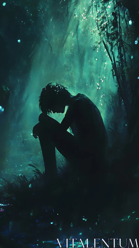 Silhouetted figure sits in dense foliage under teal light