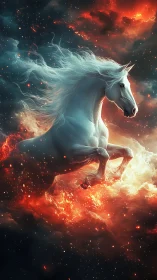 Mythic white stallion emerging through cosmic firestorm.