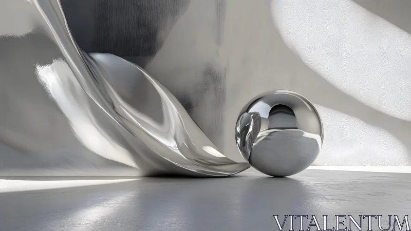 Liquid chrome curtain gently nudges a reflective silver sphere
