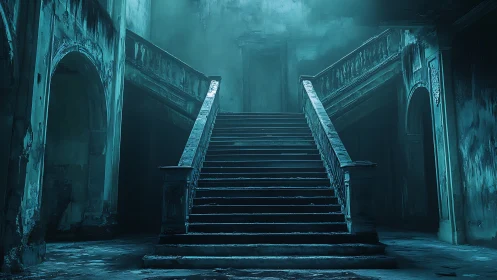 Grand haunted staircase in eerie cyan-lit ruin interior.