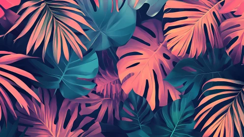 Neon tropical monstera leaves in layered abstract pattern.