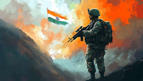 Indian soldier stands guard beneath a blazing patriotic sky
