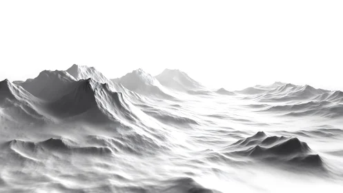 Monochrome 3D mountain range emerges from a bright white void