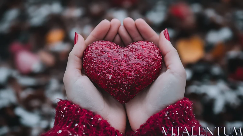 Hands Holding Glittered Heart Form Against Blurred Background.
