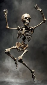 Human skeleton in dynamic midair pose against dark mist
