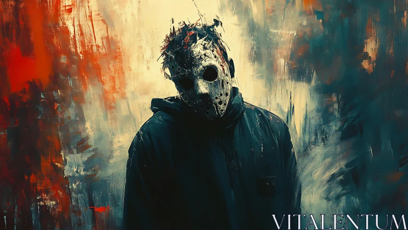 Masked figure in abstract fiery storm of painterly strokes.