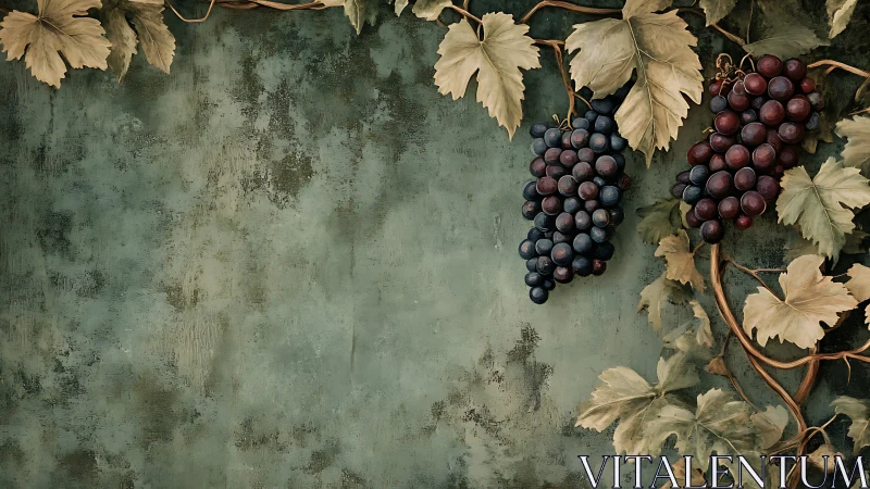 Grape clusters on vine against textured green background image.