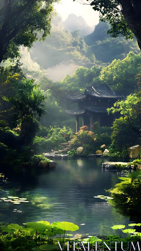 Mountain garden pavilion stands beside reflective pond surface