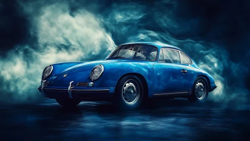 Vintage blue coupe in cinematic mist with dramatic lighting.