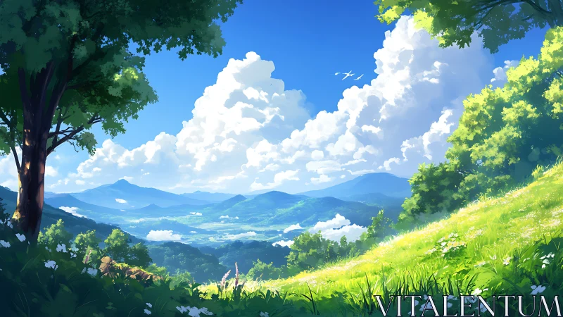 Sunlit alpine valley rendered as high-chroma anime landscape
