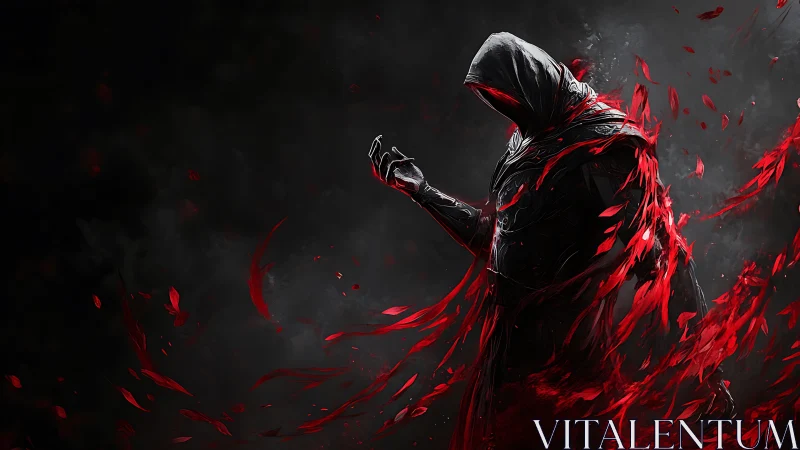 Hooded shadow conducts a storm of burning crimson shreds