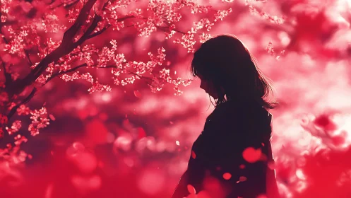 Silhouetted girl under crimson blossom canopy at dusk.