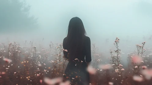 Mist-draped girl listens to wildflowers whisper their secrets