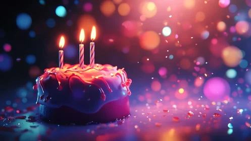 Neon Birthday Cake with Three Glowing Candles.