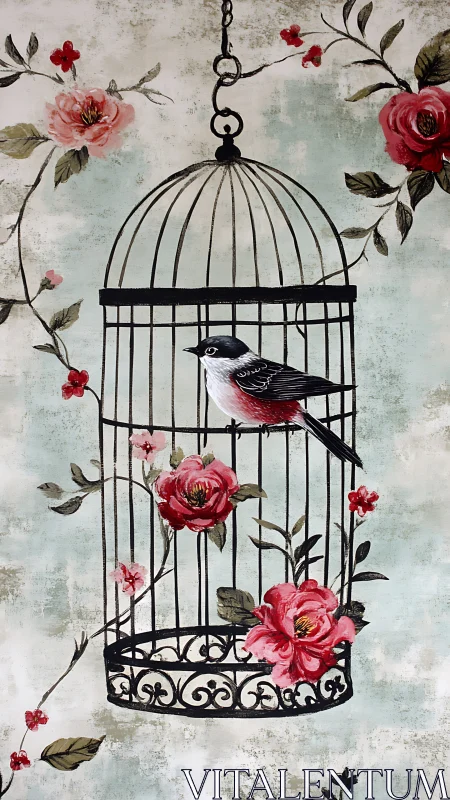 Songbird rests in ornate cage entwined with vivid roses