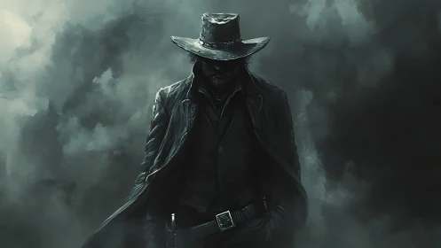 Digital painting of lone gunslinger in cinematic chiaroscuro mist.