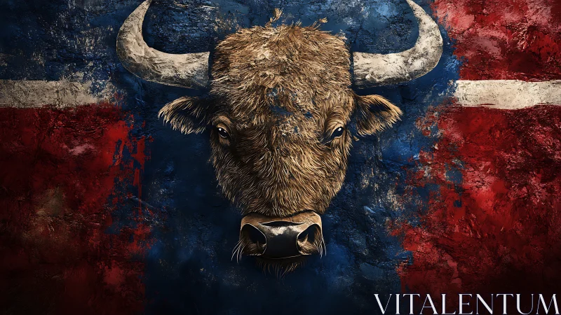 Bull portrait merges with textured red and blue painted flag