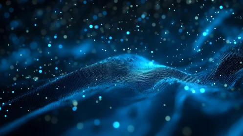 Abstract digital waves and glowing particles in deep blue tones.