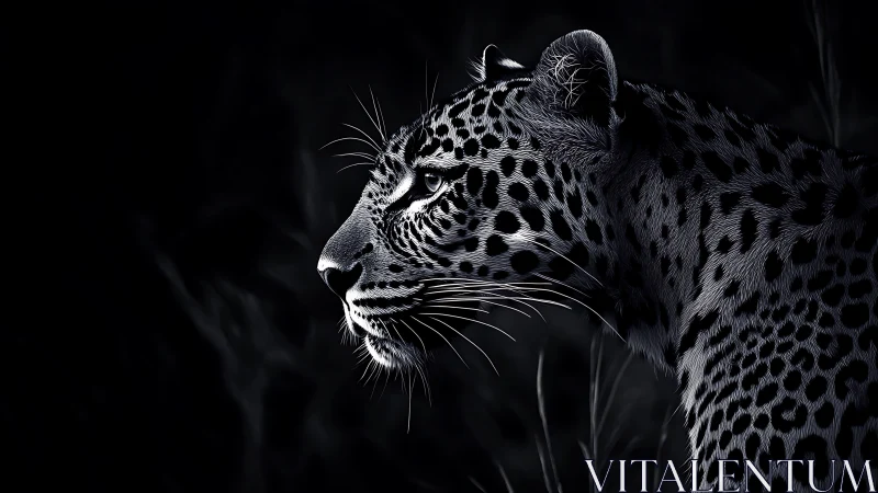High-contrast monochrome profile of leopard under low-key lighting.