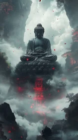 Serene Buddha statue levitates above glowing red mountain temple