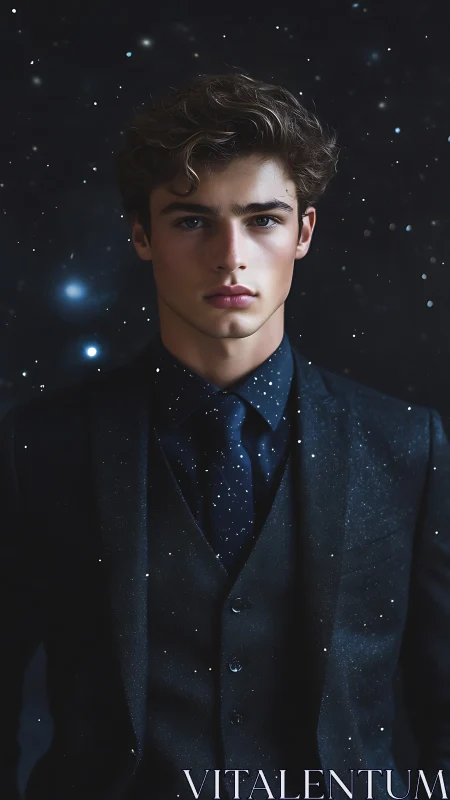 Stellar particulate suit portrait in deep chromatic contrast.