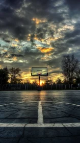 Outdoor basketball hoop stands against dramatic sunset sky.