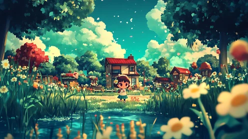 Child explores vibrant village pond under summer sky.