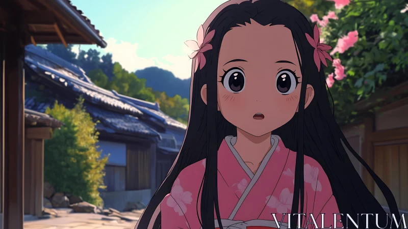 Wide eyed summer kimono girl wandering pastel village lanes.